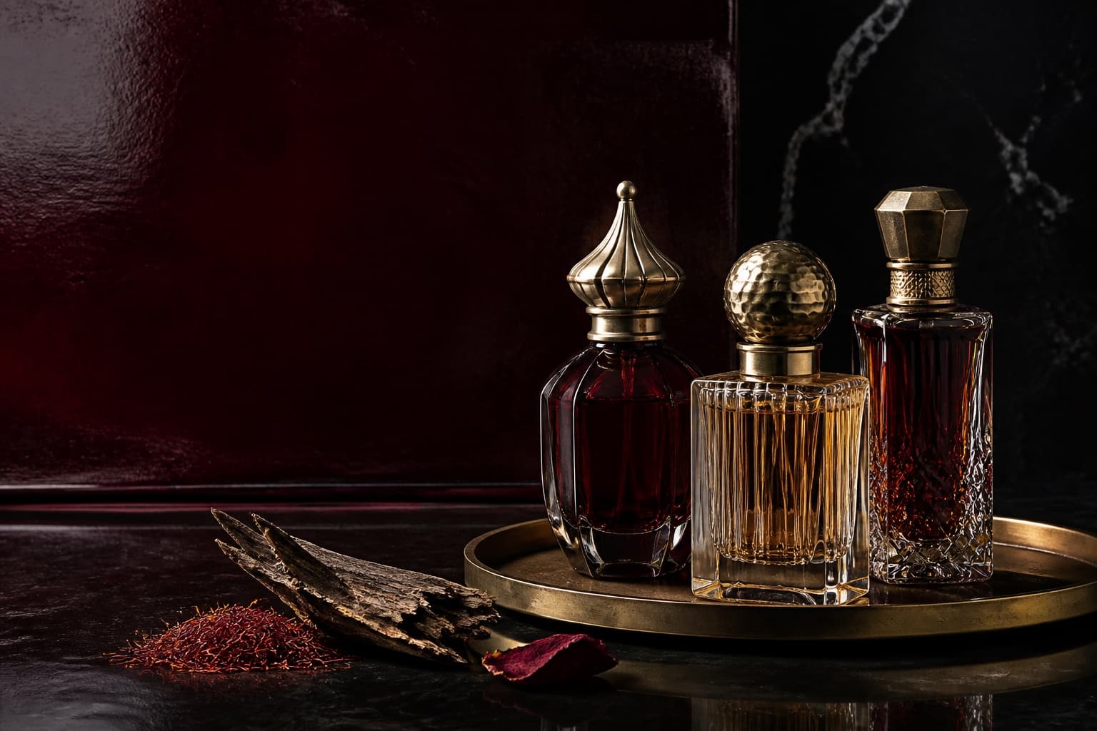 Three sculptural perfume bottles with oud wood and saffron